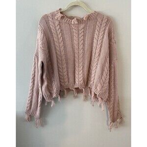 Alter'd State Women's Fringe Trim Cable Knit Crop Sweater SZ S. Pink